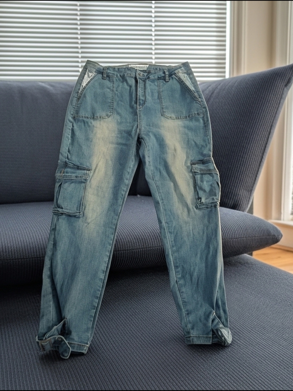 Trendy Celebrity Ace denim cargo jeans with flattering tapered leg fit